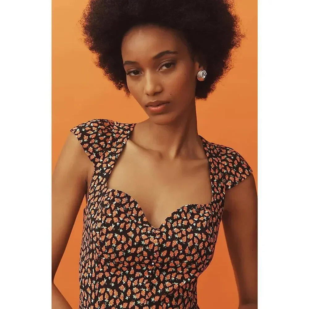 Anthropologie Black Midi Dress with Pink Spot Print